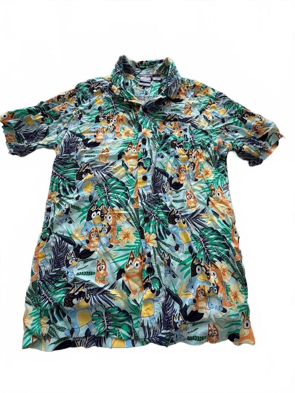 Bluey Tropical Hawaiian Button Front Shirt Small Cartoon Vacation Camp